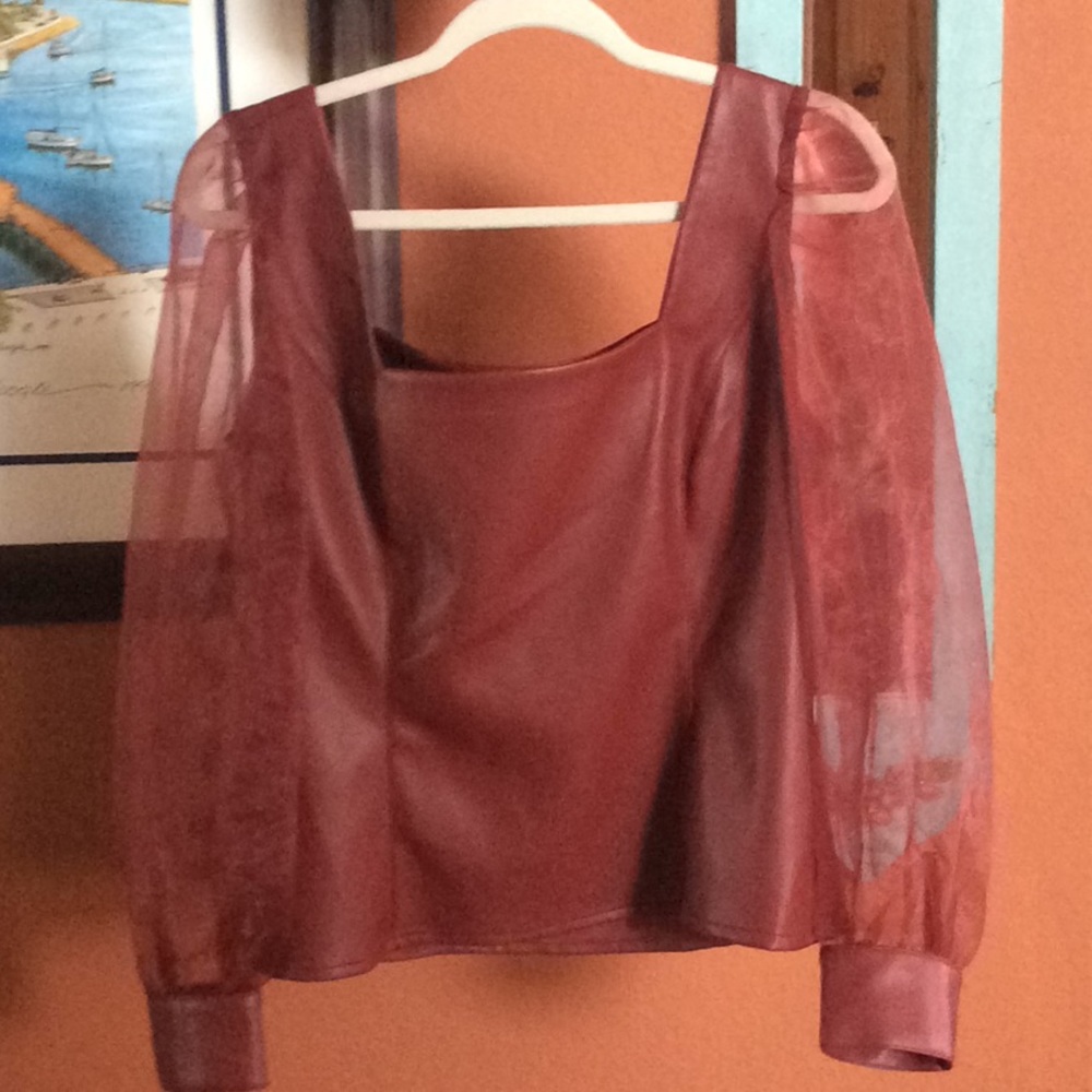 NWT - Vegan leather blouse sheer sleeves. Rhubarb